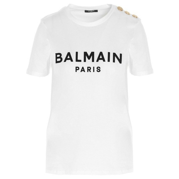 Balmain Logo Print Crewneck T-Shirt With Decorative Buttons - NWT - Picture 1 of 5